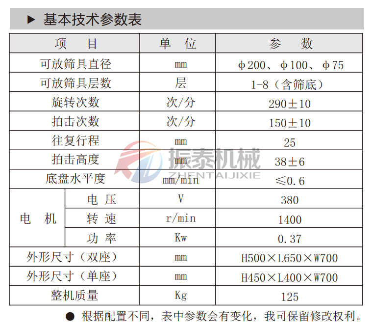 矿粉拍击筛技术参数